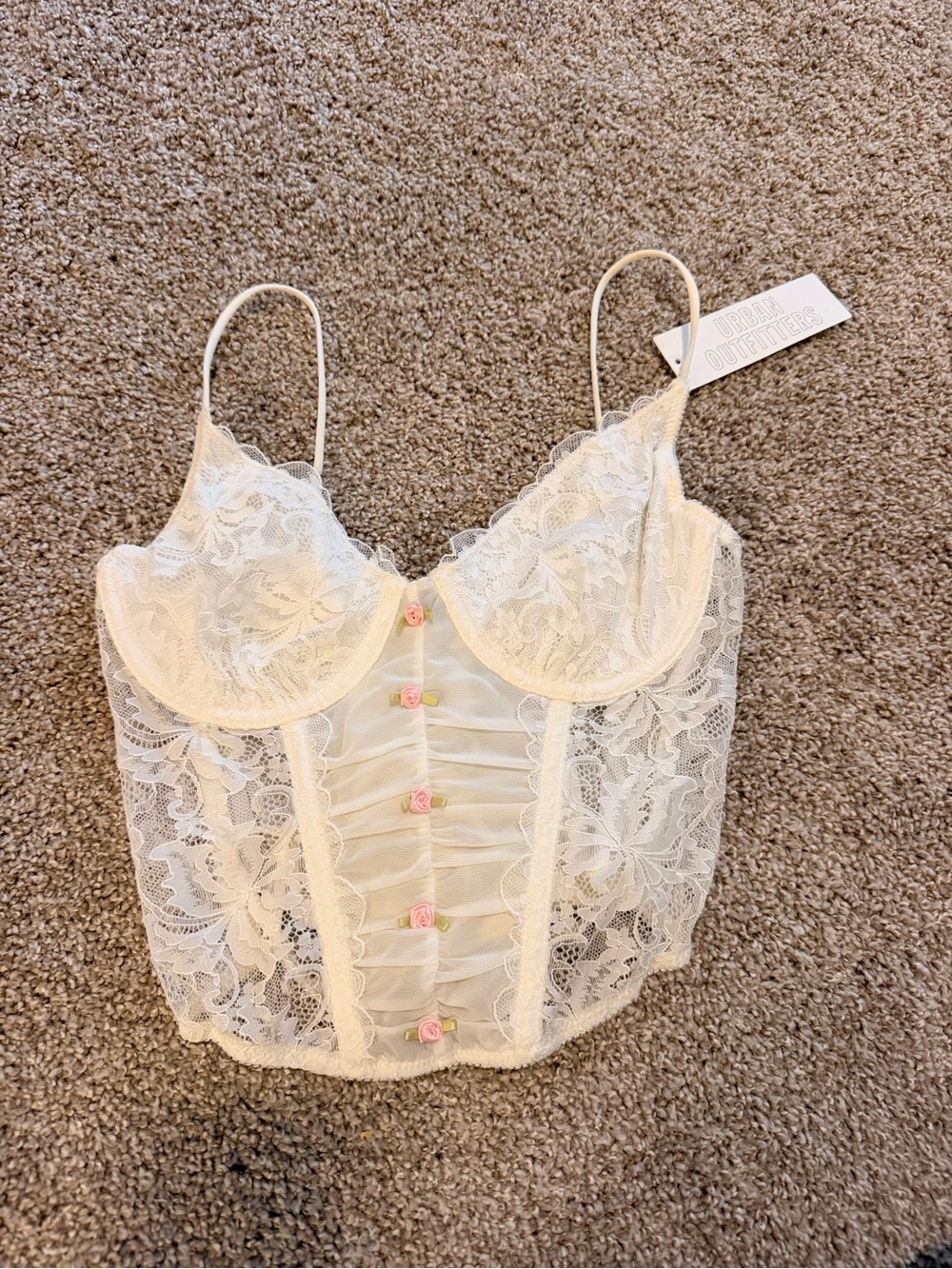 NWT Urban Outfitters White Lace Bustier with Pink Rose Buttons